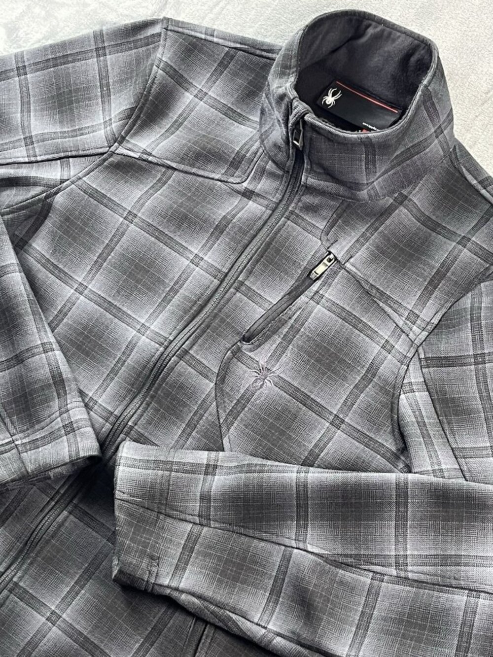 Spyder Men's L Full Zip Fleece Jacket Grey Black Plaid Mid Layer